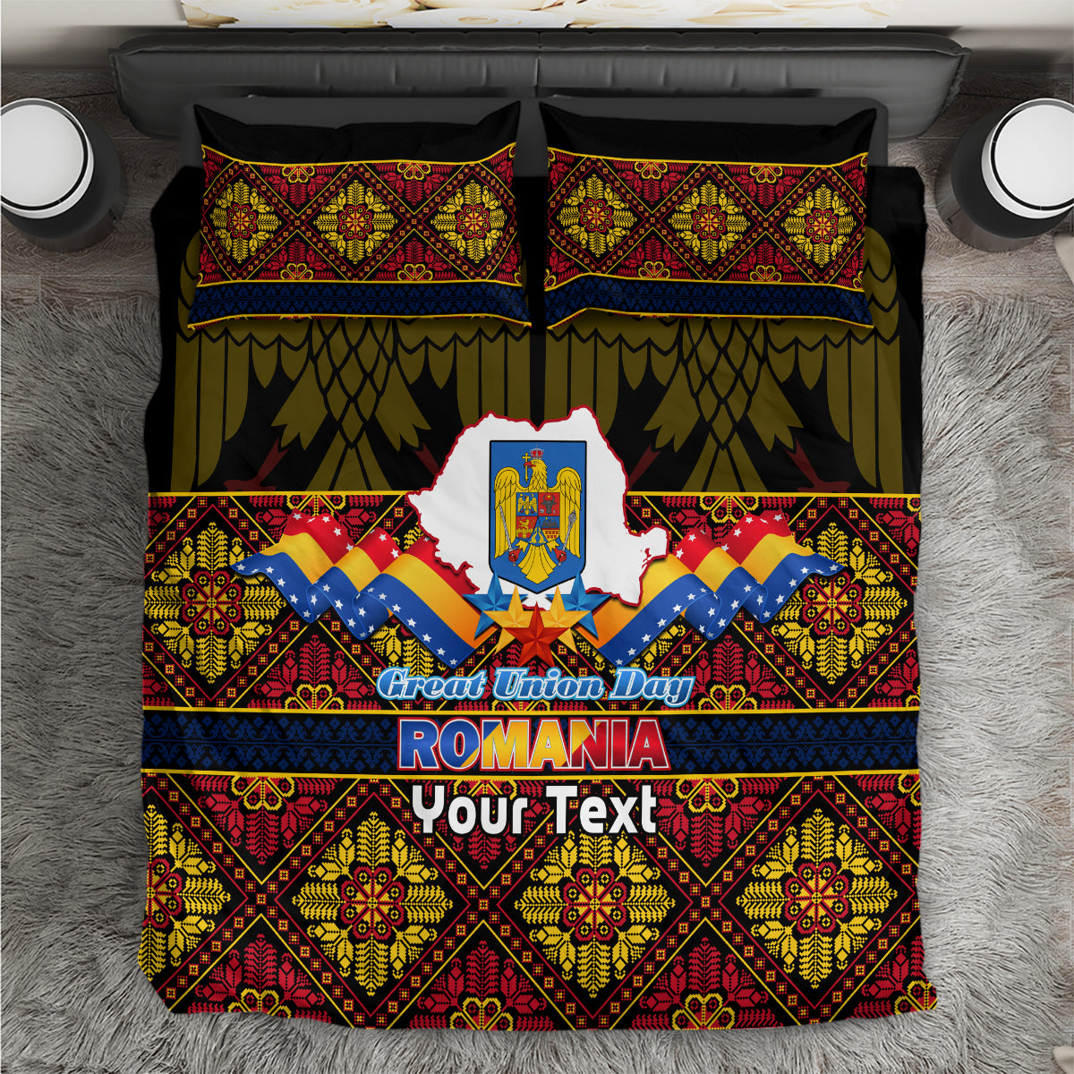 Personalised Romania bedding set, red yellow blue geometric design with central crest