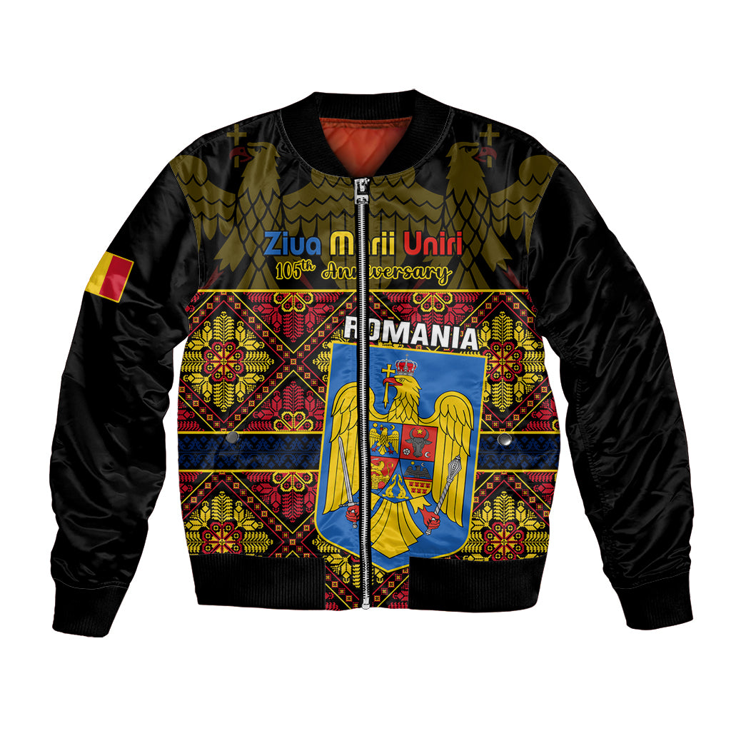 Unisex black bomber jacket with colorful Romania crest front graphic and flag sleeve patches