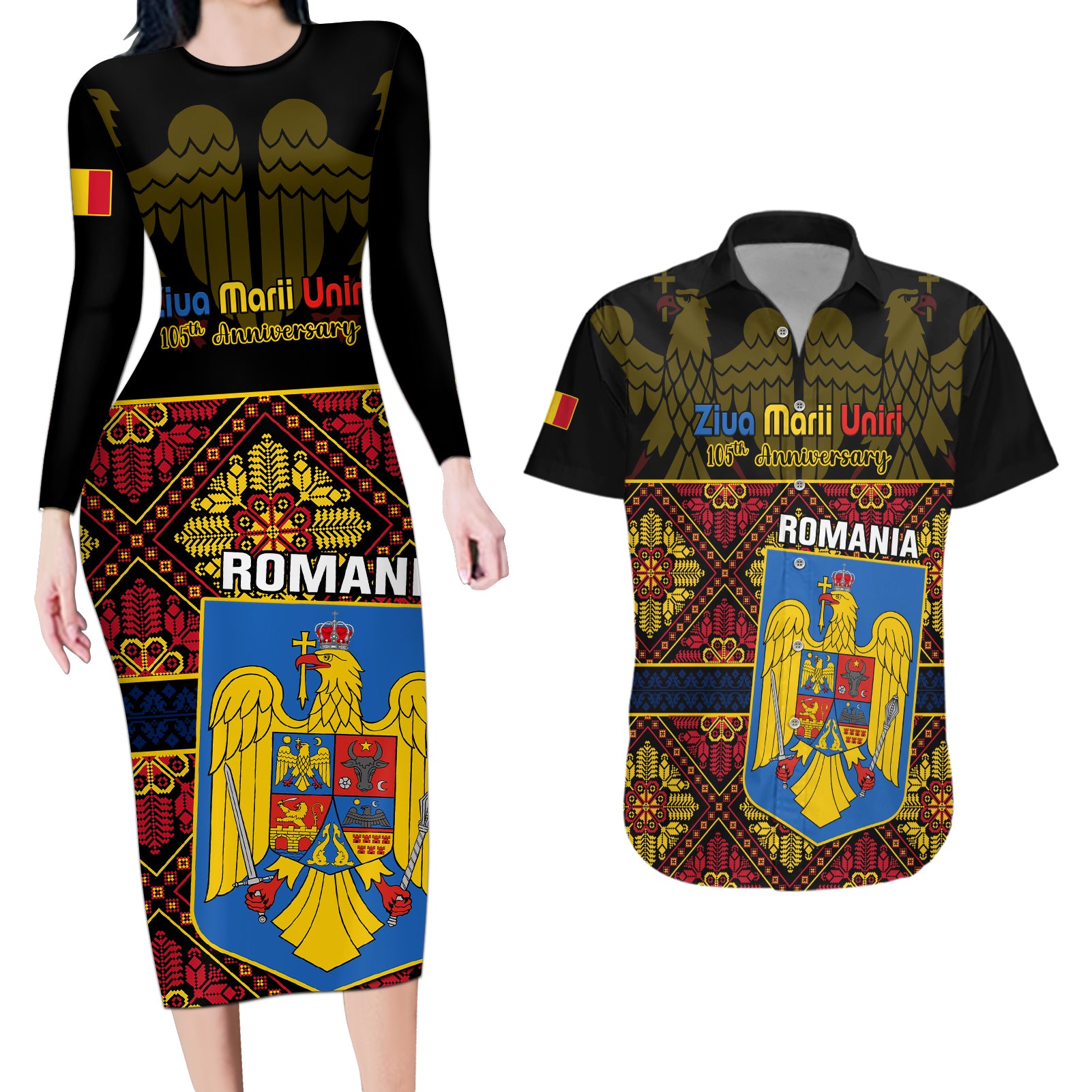 Personalised Romania Great Union Day Couples Matching Long Sleeve Bodycon Dress and Hawaiian Shirt Ziua Marii Uniri 105th Anniversary - Wonder Print Shop