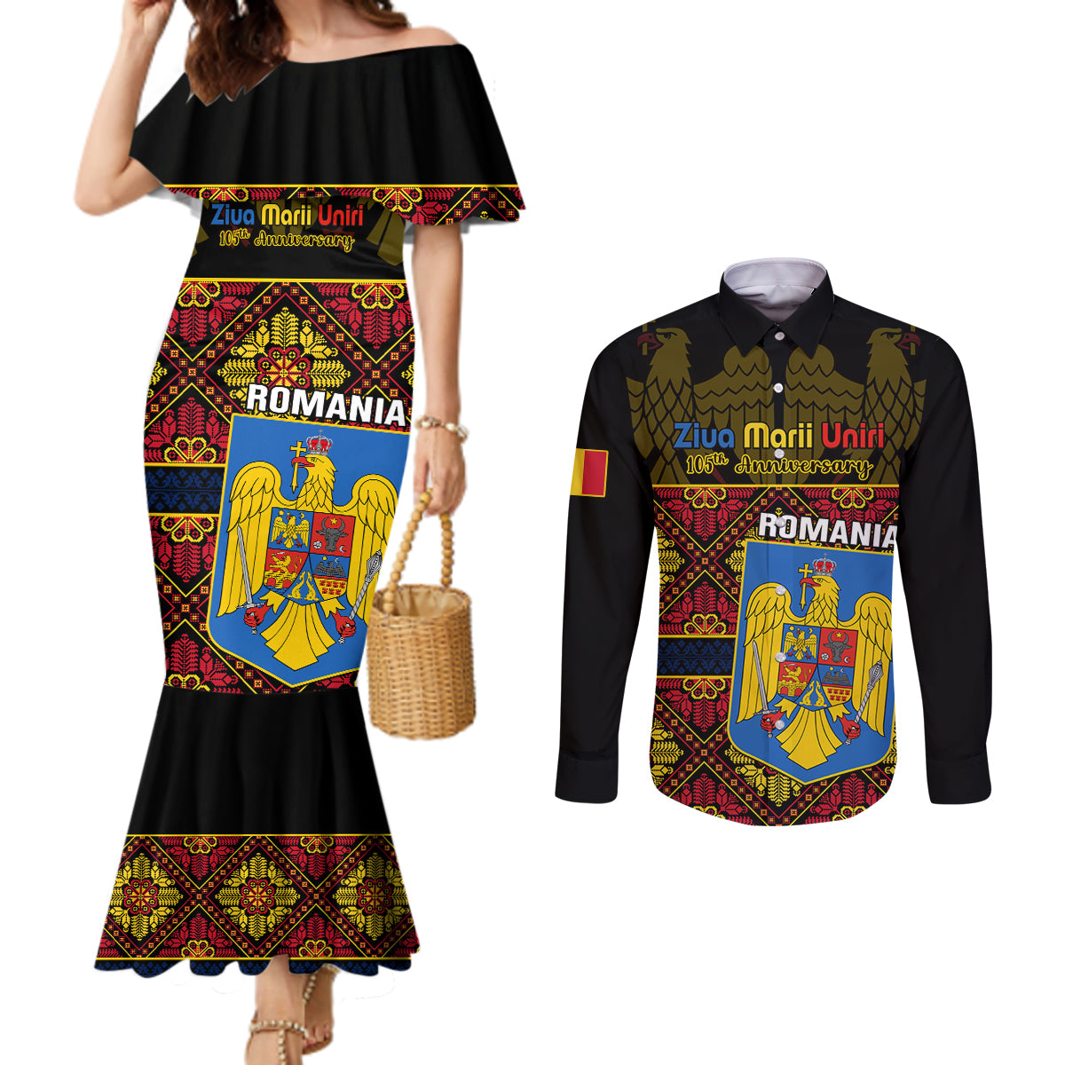 personalised-romania-great-union-day-couples-matching-mermaid-dress-and-long-sleeve-button-shirt-ziua-marii-uniri-105th-anniversary