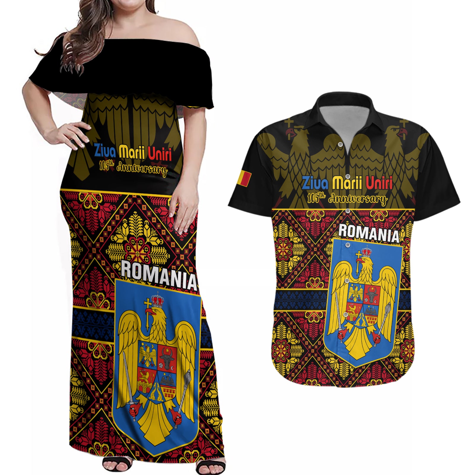 Personalised Romania Great Union Day Couples Matching Off Shoulder Maxi Dress and Hawaiian Shirt Ziua Marii Uniri 105th Anniversary - Wonder Print Shop