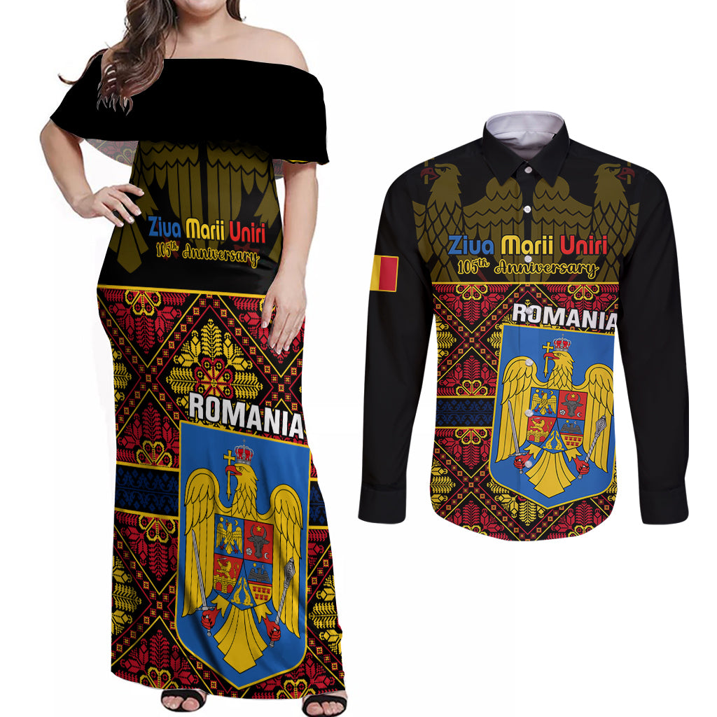 Personalised Romania Great Union Day Couples Matching Off Shoulder Maxi Dress and Long Sleeve Button Shirt Ziua Marii Uniri 105th Anniversary - Wonder Print Shop