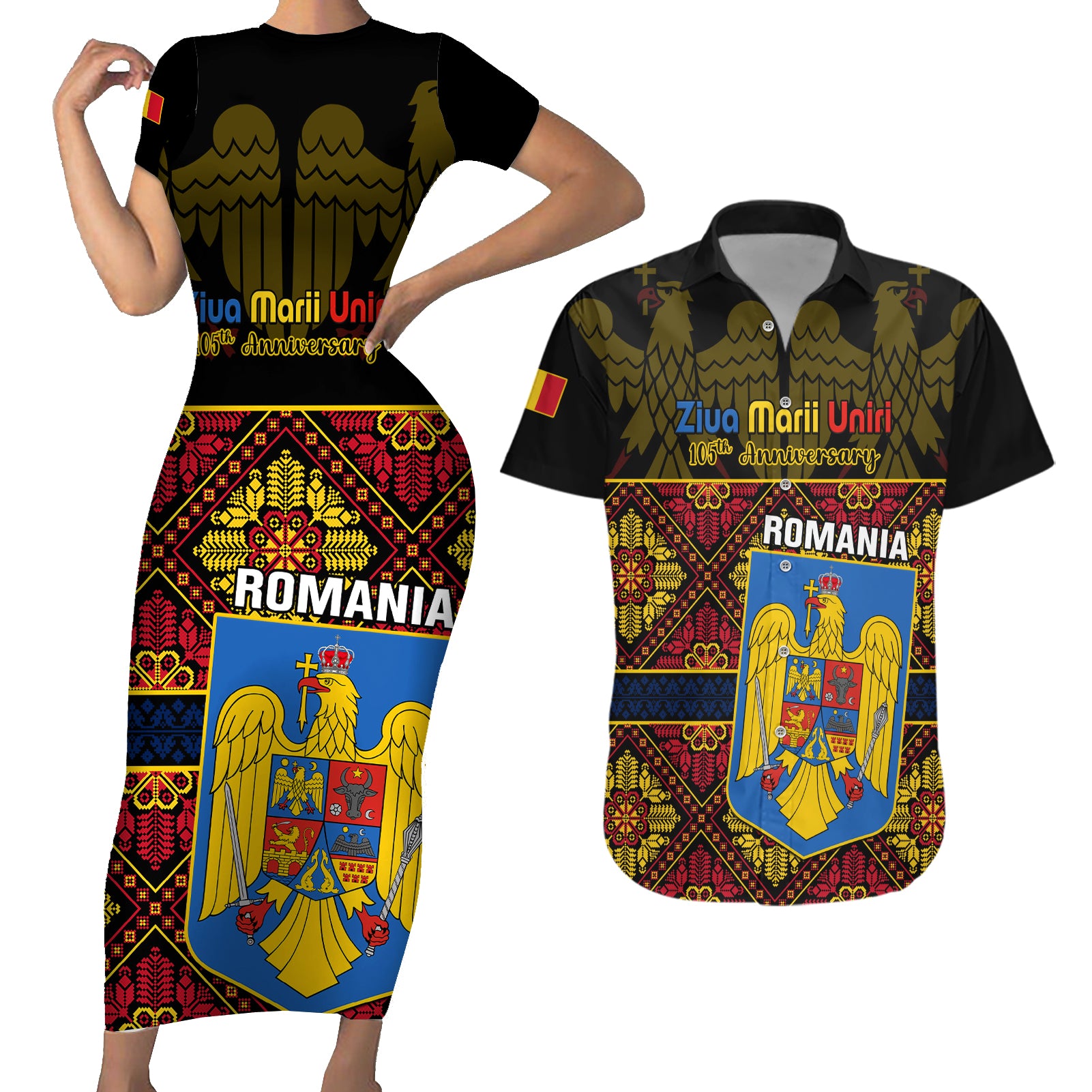 Personalised Romania Great Union Day Couples Matching Short Sleeve Bodycon Dress and Hawaiian Shirt Ziua Marii Uniri 105th Anniversary - Wonder Print Shop