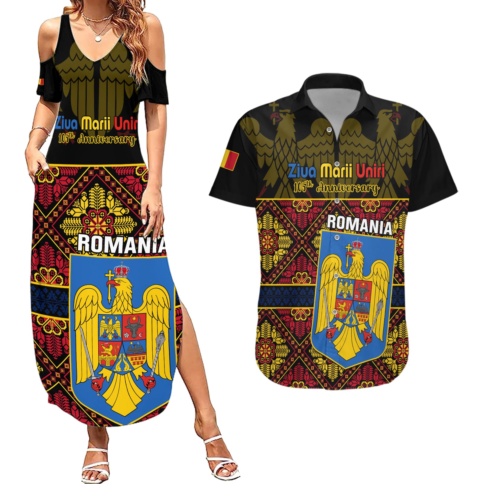 Personalised Romania Great Union Day Couples Matching Summer Maxi Dress and Hawaiian Shirt Ziua Marii Uniri 105th Anniversary - Wonder Print Shop