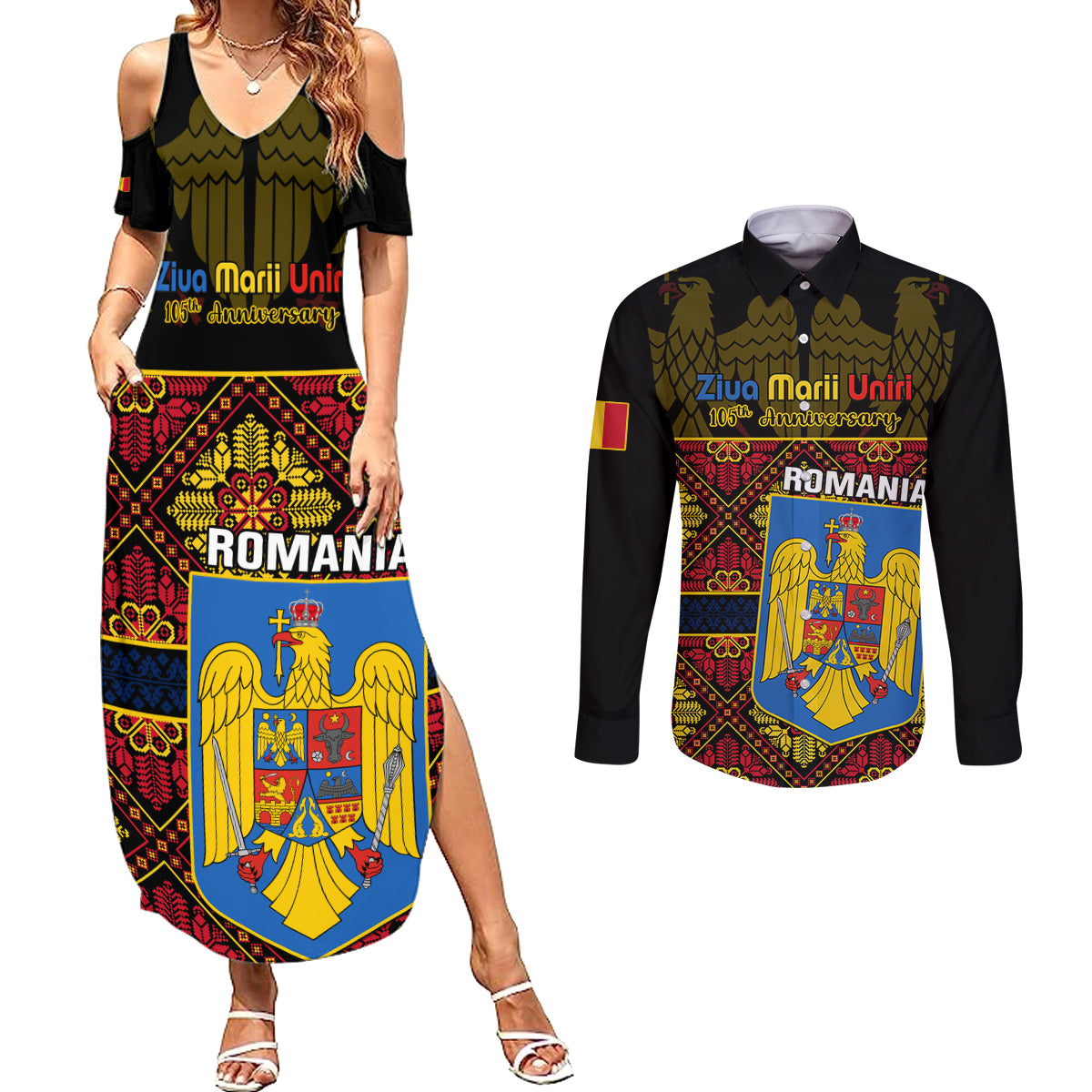 Personalised Romania Great Union Day Couples Matching Summer Maxi Dress and Long Sleeve Button Shirt Ziua Marii Uniri 105th Anniversary - Wonder Print Shop