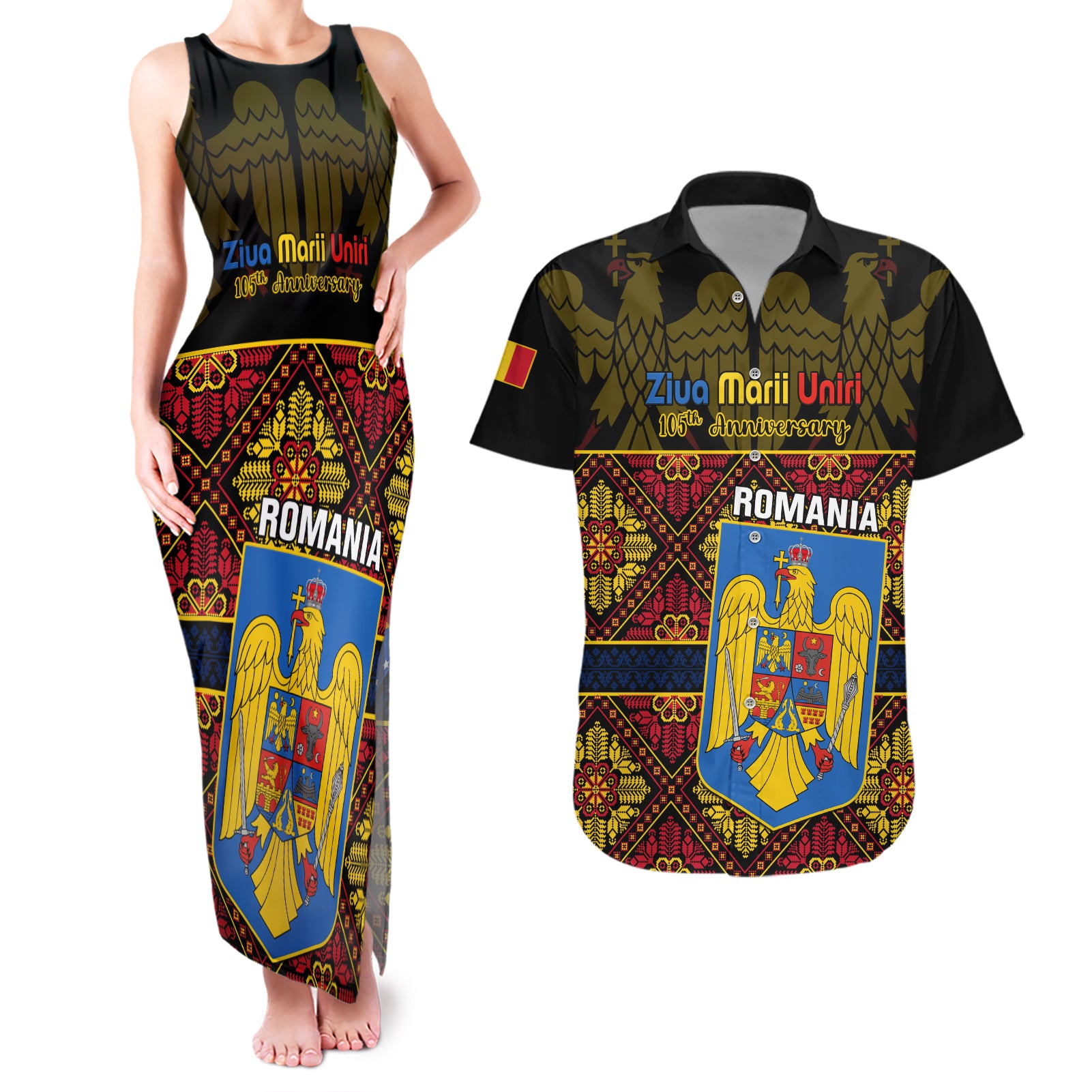 Personalised Romania Great Union Day Couples Matching Tank Maxi Dress and Hawaiian Shirt Ziua Marii Uniri 105th Anniversary - Wonder Print Shop