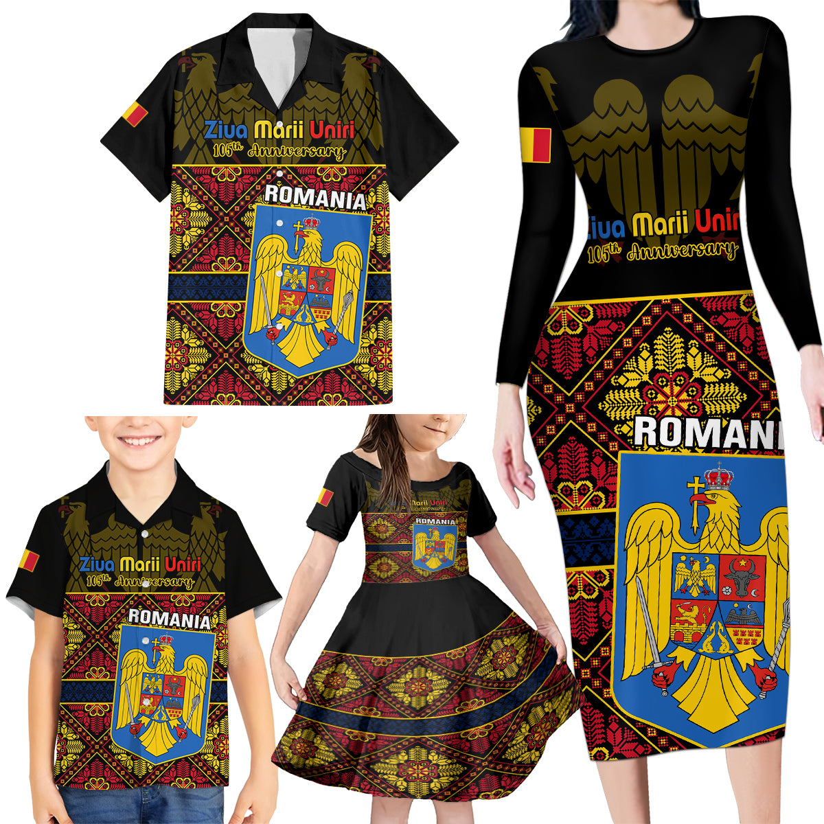 Personalised Romania Great Union Day Family Matching Long Sleeve Bodycon Dress and Hawaiian Shirt Ziua Marii Uniri 105th Anniversary - Wonder Print Shop