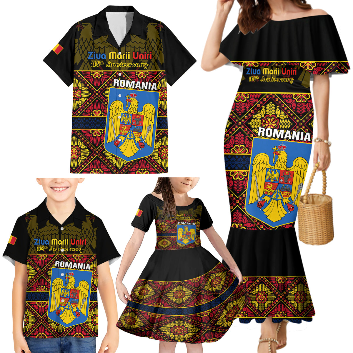 Personalised Romania Great Union Day Family Matching Mermaid Dress and Hawaiian Shirt Ziua Marii Uniri 105th Anniversary - Wonder Print Shop