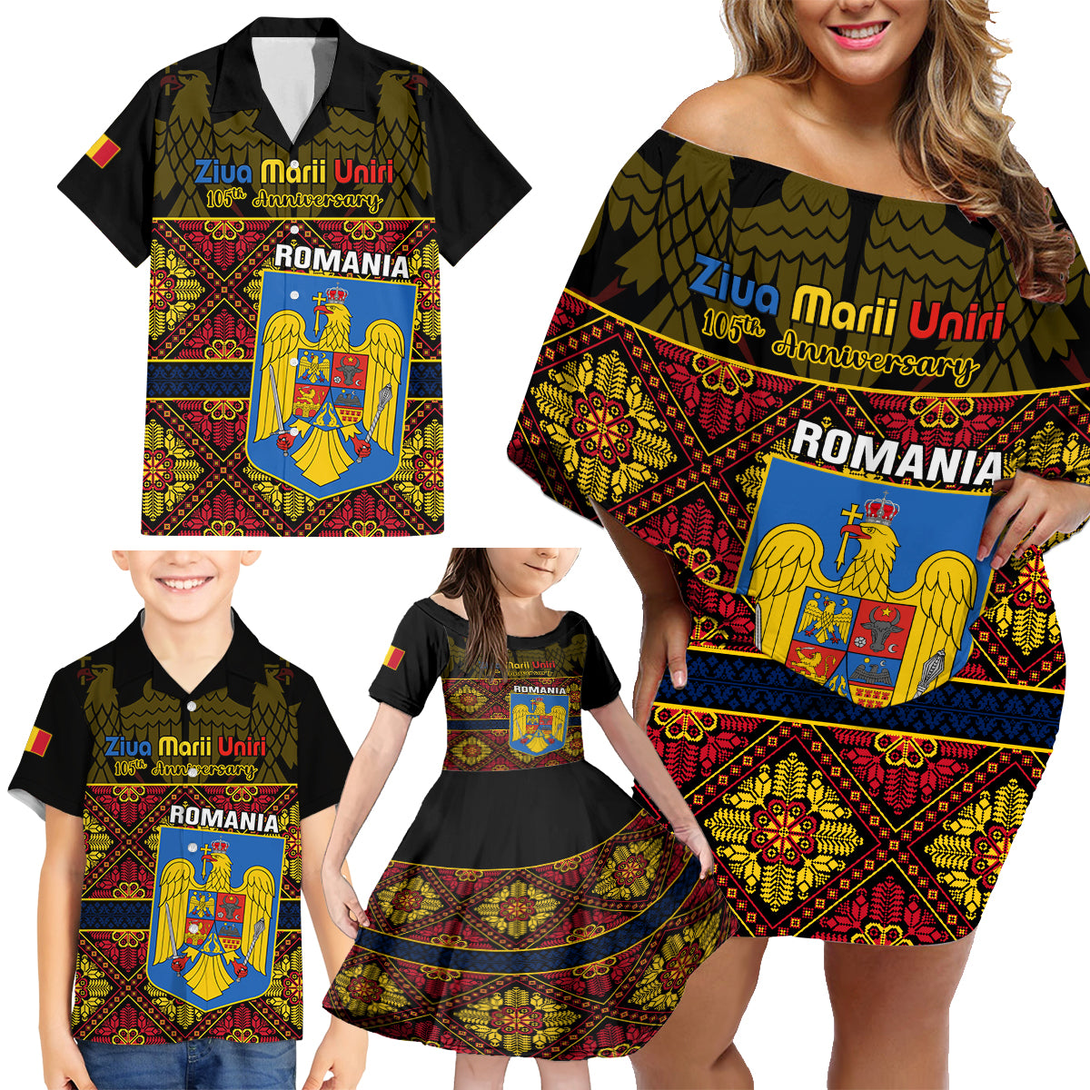 Personalised Romania Great Union Day Family Matching Off Shoulder Short Dress and Hawaiian Shirt Ziua Marii Uniri 105th Anniversary - Wonder Print Shop