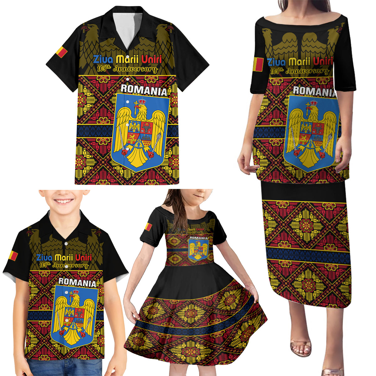 Personalised Romania Great Union Day Family Matching Puletasi Dress and Hawaiian Shirt Ziua Marii Uniri 105th Anniversary - Wonder Print Shop