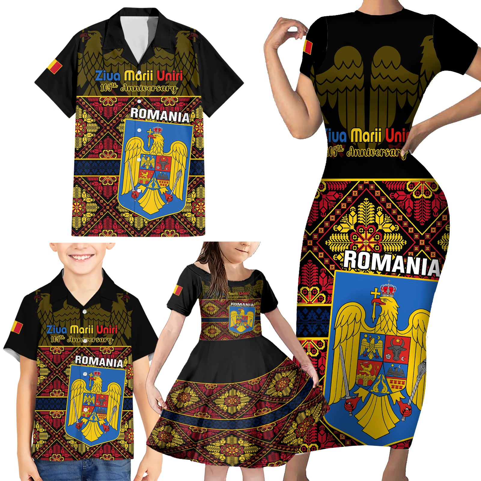 Personalised Romania Great Union Day Family Matching Short Sleeve Bodycon Dress and Hawaiian Shirt Ziua Marii Uniri 105th Anniversary - Wonder Print Shop