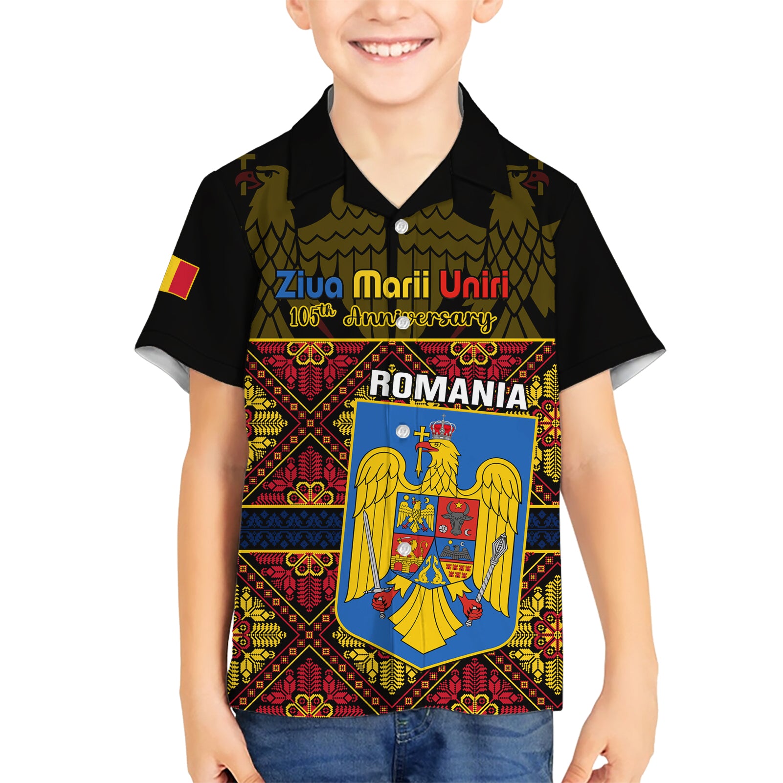 Personalised Romania Great Union Day Kid Hawaiian Shirt Ziua Marii Uniri 105th Anniversary - Wonder Print Shop