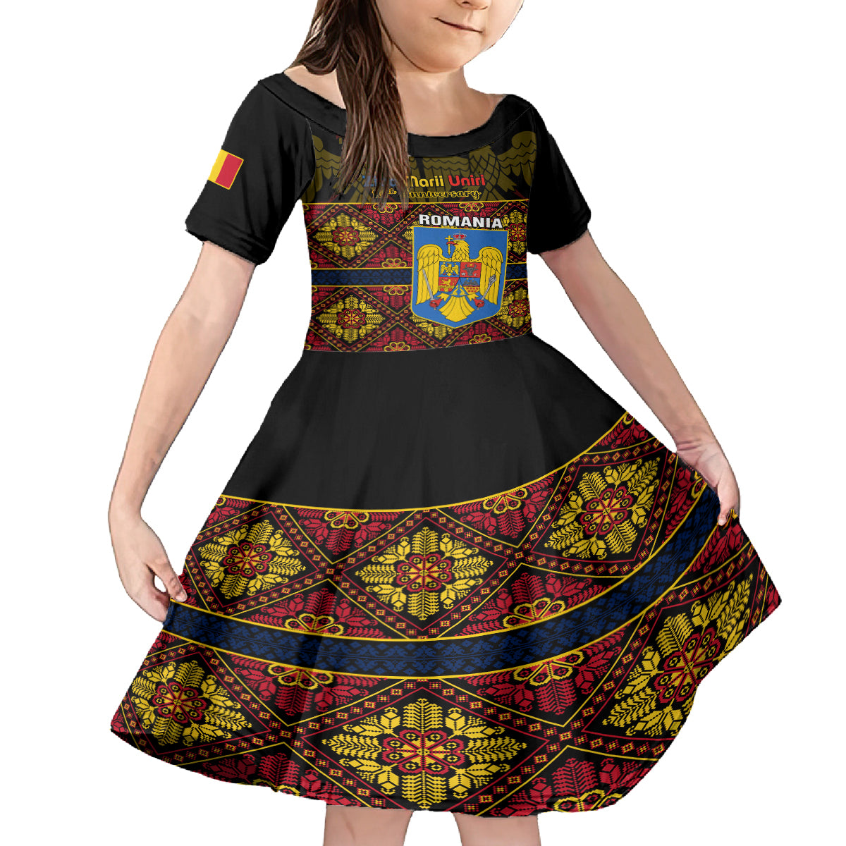 Personalised Romania Great Union Day Kid Short Sleeve Dress Ziua Marii Uniri 105th Anniversary - Wonder Print Shop