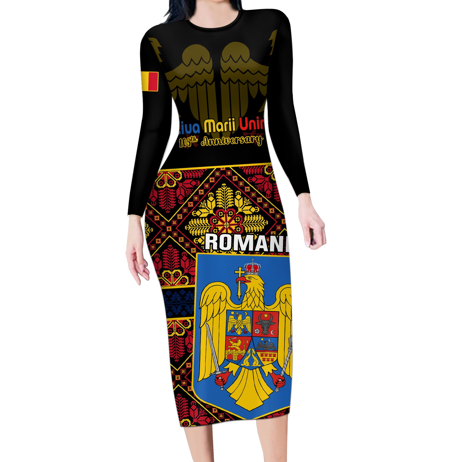 Personalised Romania Great Union Day Long Sleeve Bodycon Dress Ziua Marii Uniri 105th Anniversary - Wonder Print Shop