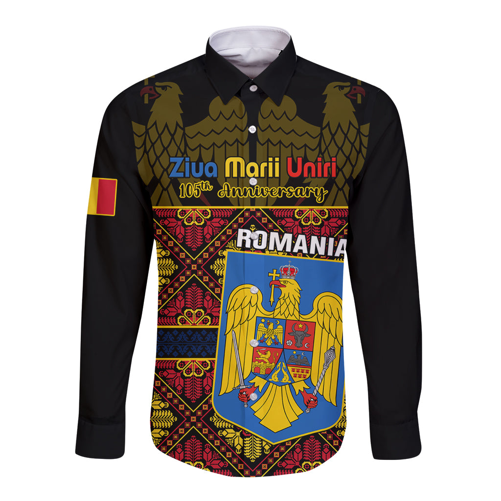 Long sleeve button shirt, dark base with colorful Romania crest and “Ziua Marii Uniri” print