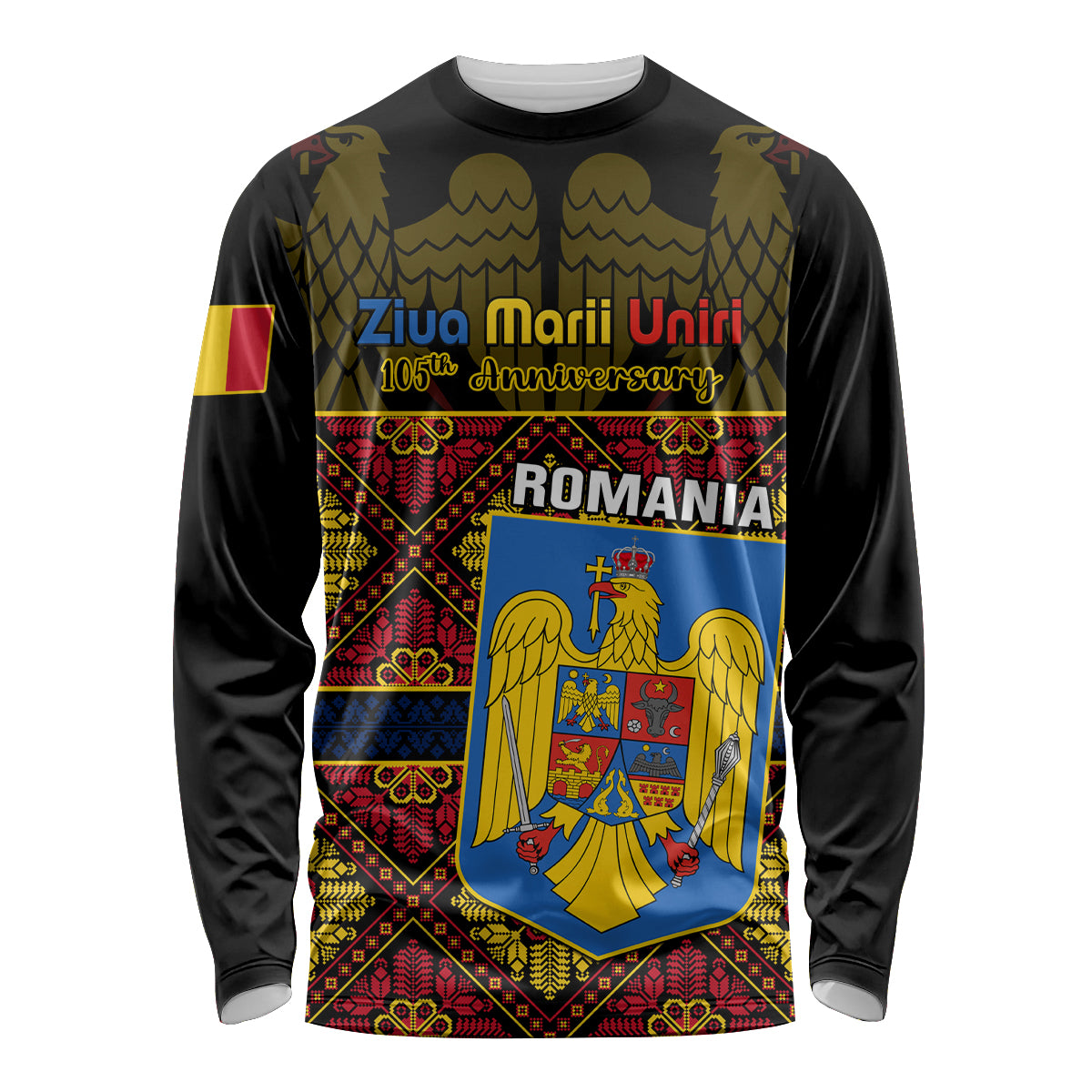 Black long sleeve shirt with Romania Great Union Day front graphic and coat of arms