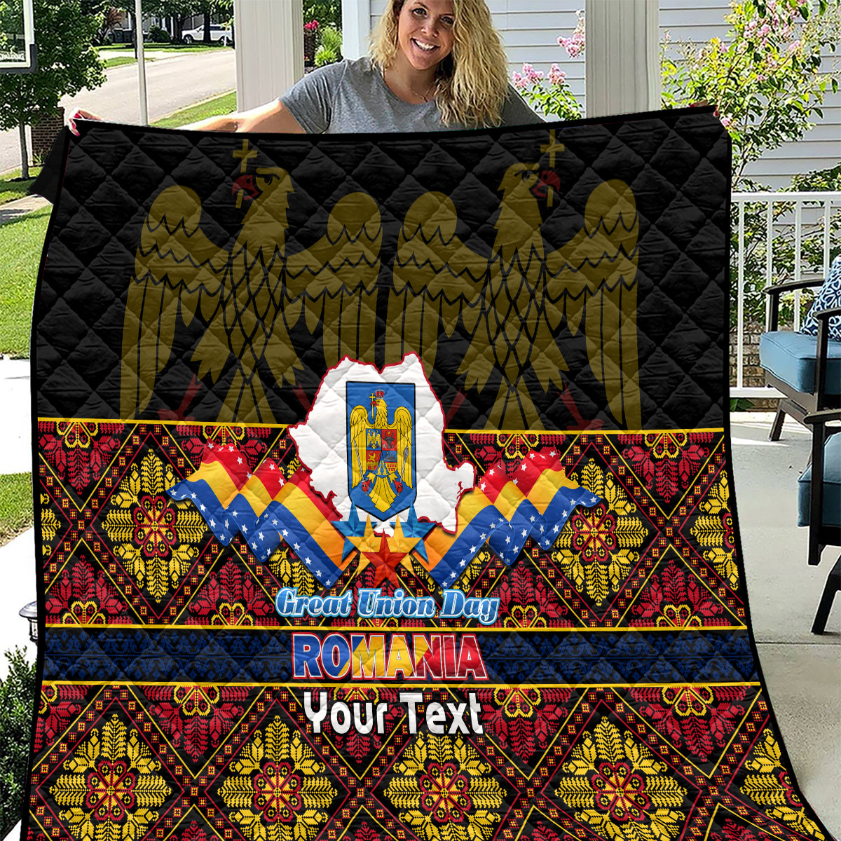 Personalized Romania anniversary quilt, black with crest, blue/yellow/red patterned bands