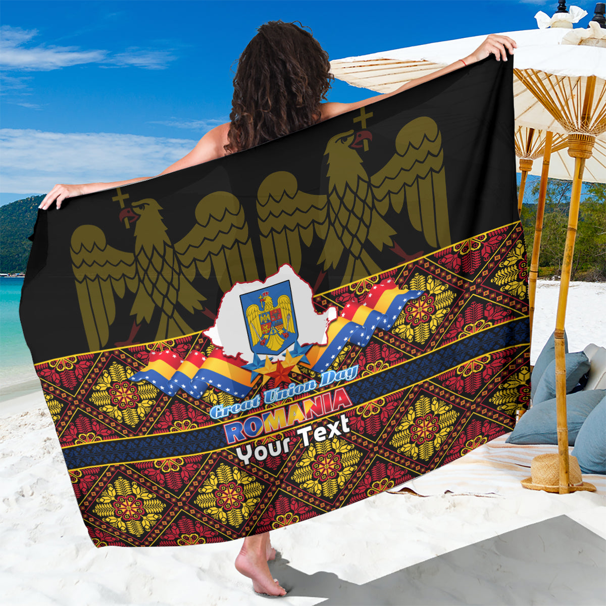 Printed Romania Great Union Day sarong wrap with black, green, red decorative border