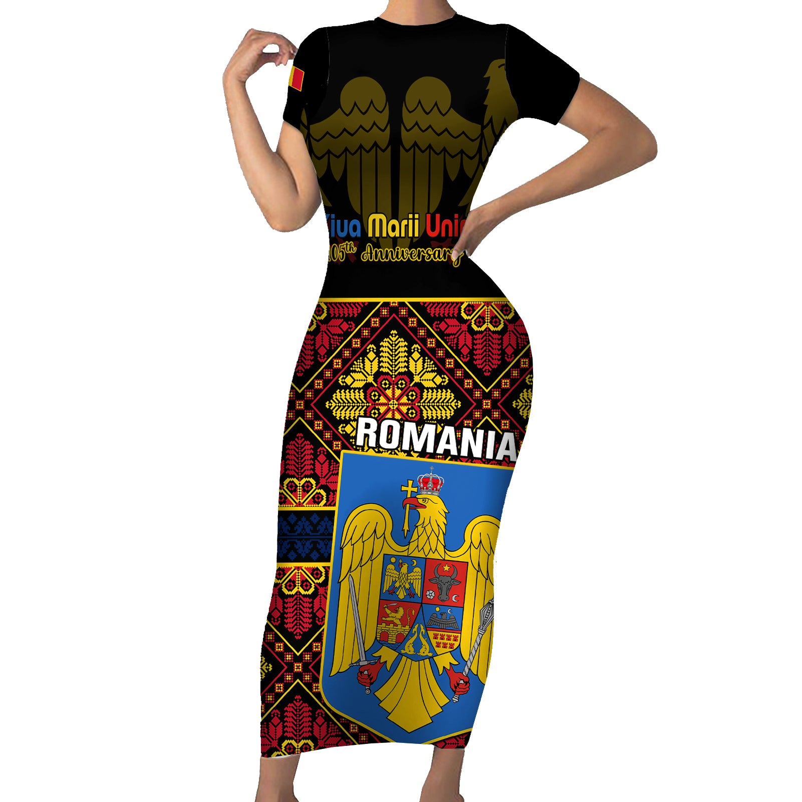 Personalised Romania Great Union Day Short Sleeve Bodycon Dress Ziua Marii Uniri 105th Anniversary - Wonder Print Shop