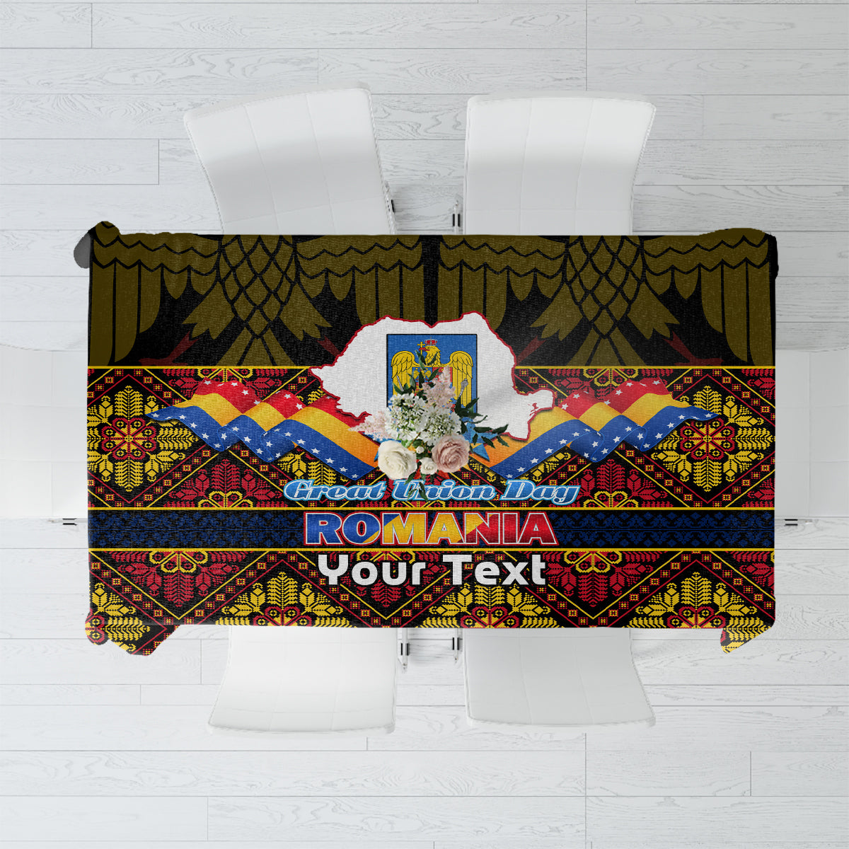 Romania Great Union Day tablecloth with folk pattern, ROMANIA text and red-gold design