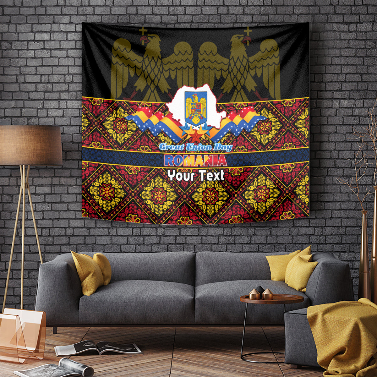 Personalised Romania Great Union Day tapestry, black field with red-gold pattern and blue ribbon crest