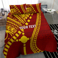 Maroon tapa-pattern bedding with gold details and 'YOUR TEXT' lettering on front