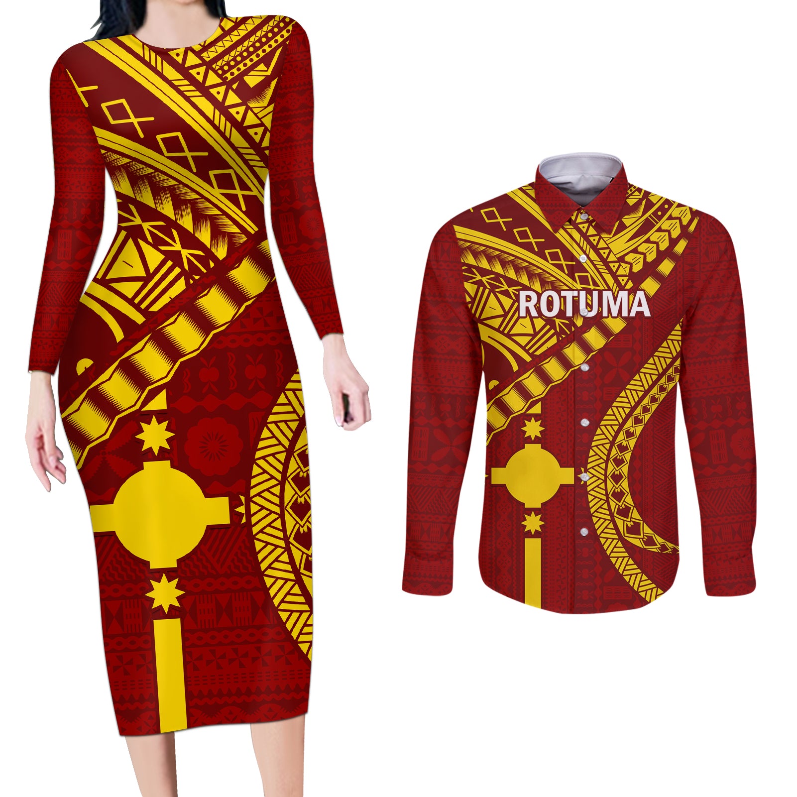 Personalised Fiji Rotuma Couples Matching Long Sleeve Bodycon Dress and Long Sleeve Button Shirt Fijian Tapa Pattern - Wonder Print Shop