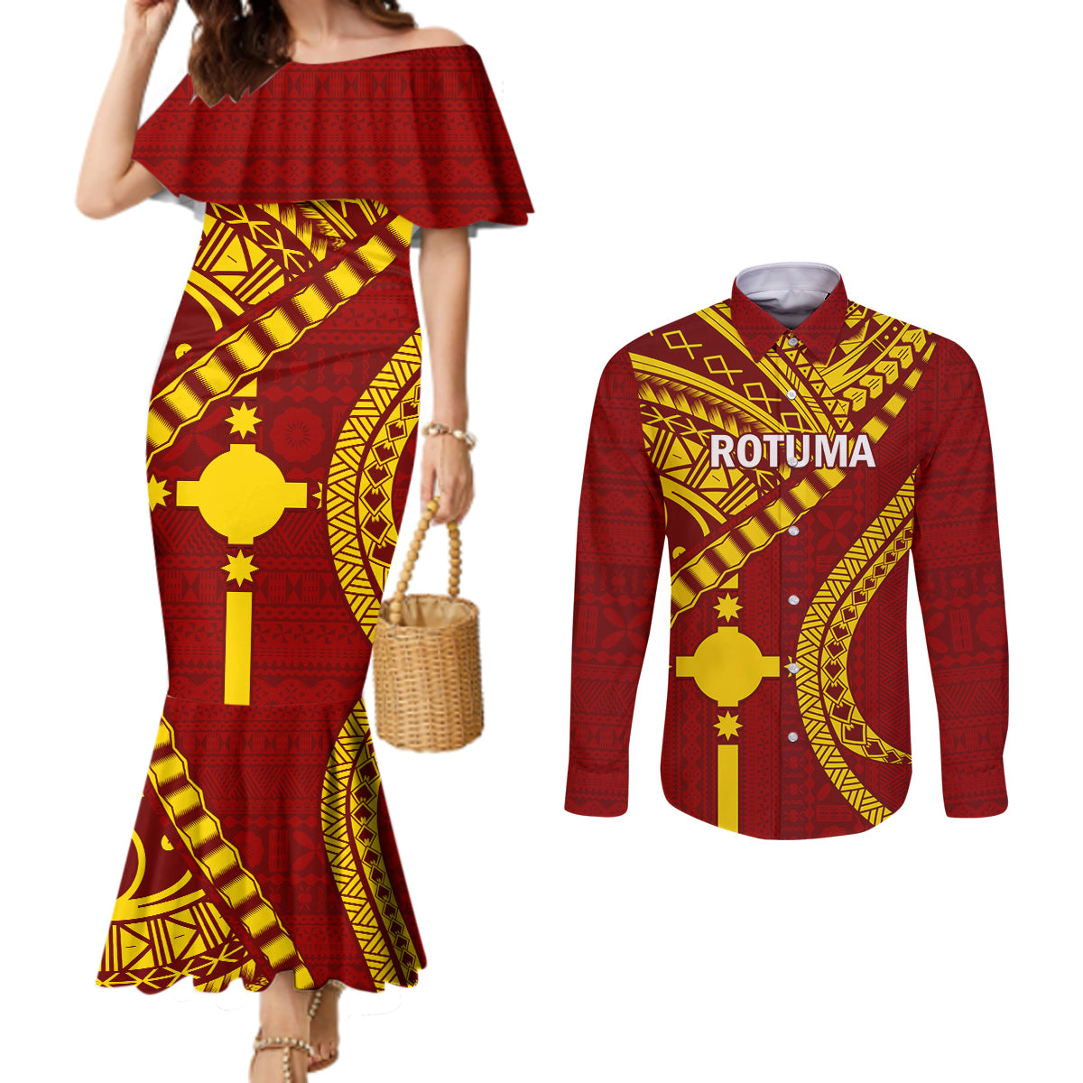 personalised-fiji-rotuma-couples-matching-mermaid-dress-and-long-sleeve-button-shirt-fijian-tapa-pattern