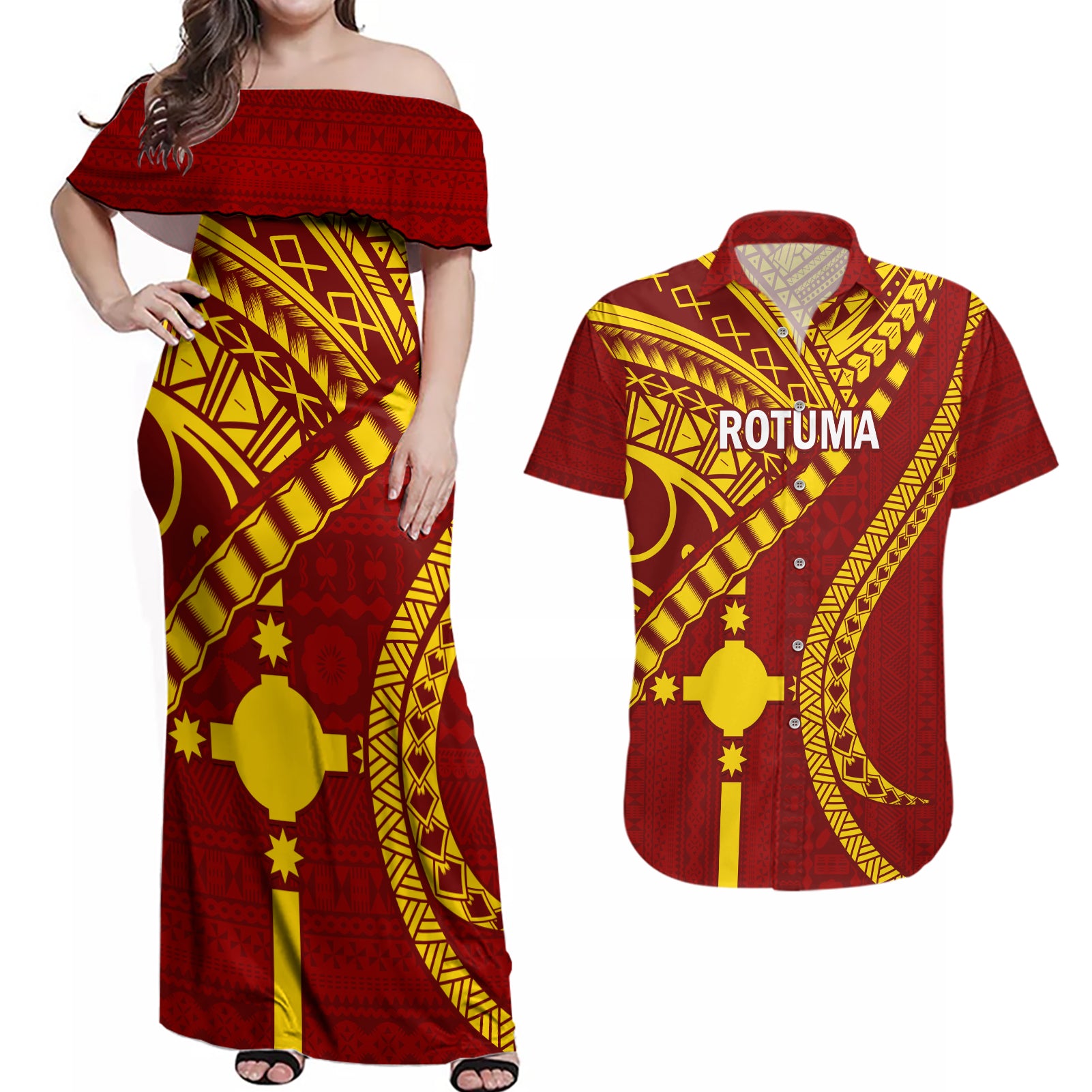 Personalised Fiji Rotuma Couples Matching Off Shoulder Maxi Dress and Hawaiian Shirt Fijian Tapa Pattern - Wonder Print Shop