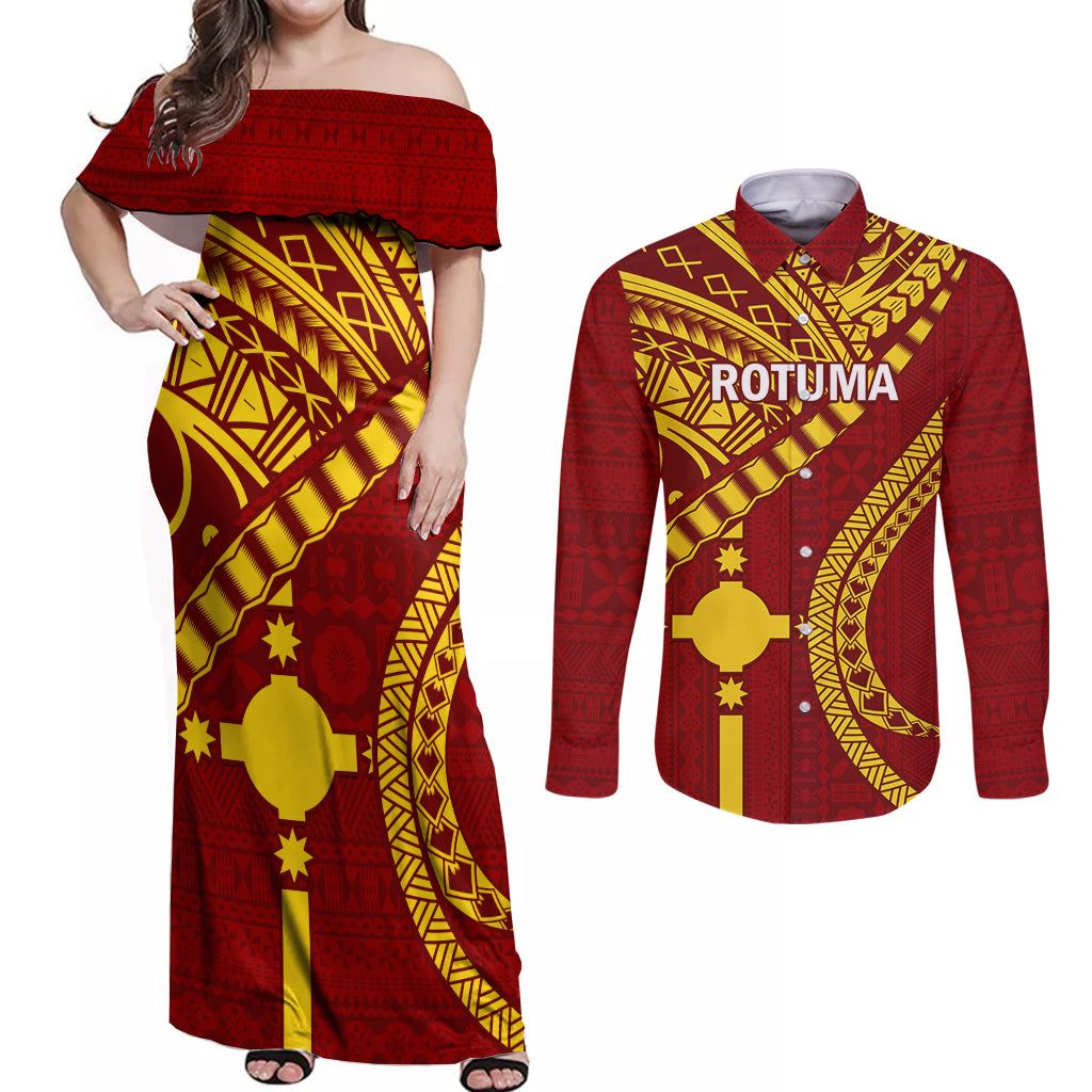 Personalised Fiji Rotuma Couples Matching Off Shoulder Maxi Dress and Long Sleeve Button Shirt Fijian Tapa Pattern - Wonder Print Shop