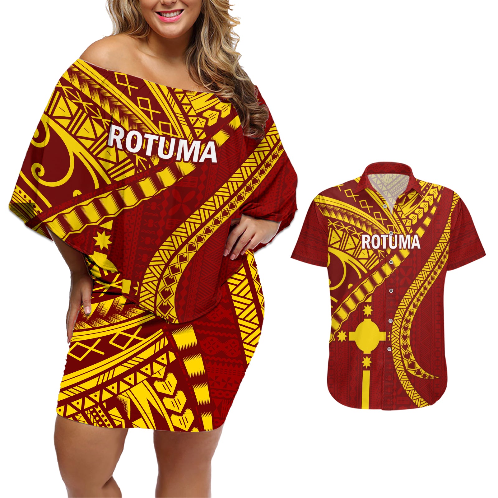 Personalised Fiji Rotuma Couples Matching Off Shoulder Short Dress and Hawaiian Shirt Fijian Tapa Pattern - Wonder Print Shop