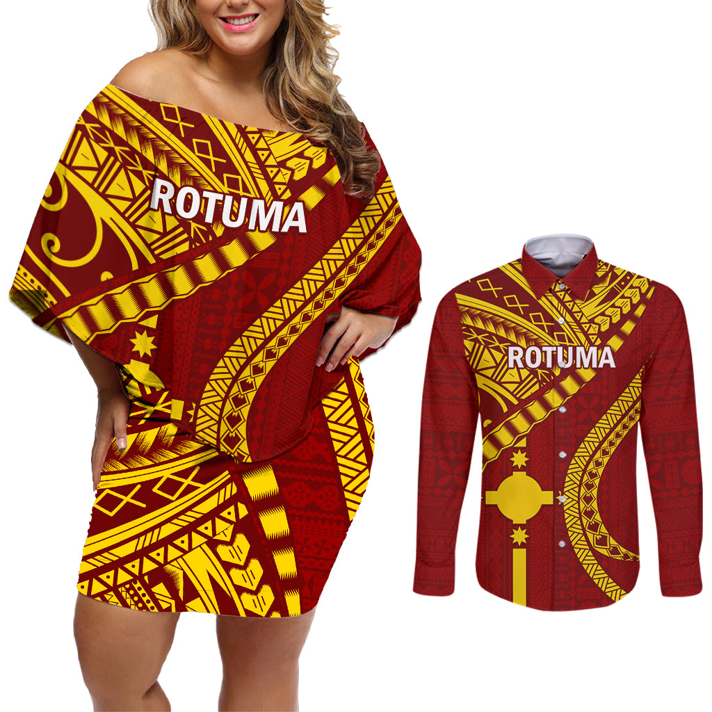 Personalised Fiji Rotuma Couples Matching Off Shoulder Short Dress and Long Sleeve Button Shirt Fijian Tapa Pattern - Wonder Print Shop