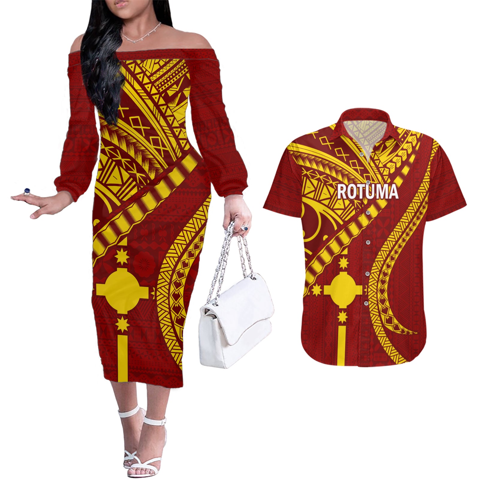 Personalised Fiji Rotuma Couples Matching Off The Shoulder Long Sleeve Dress and Hawaiian Shirt Fijian Tapa Pattern - Wonder Print Shop