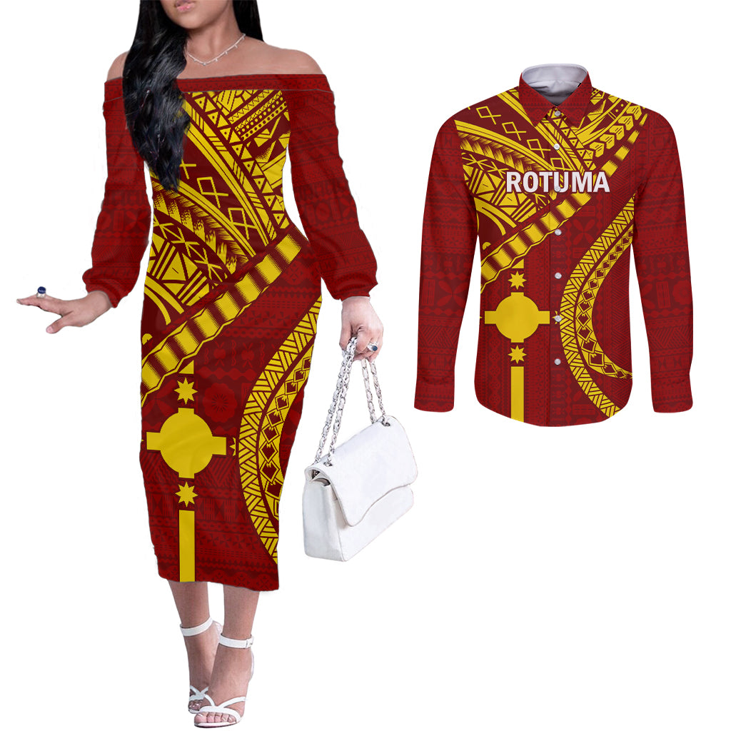 personalised-fiji-rotuma-couples-matching-off-the-shoulder-long-sleeve-dress-and-long-sleeve-button-shirt-fijian-tapa-pattern