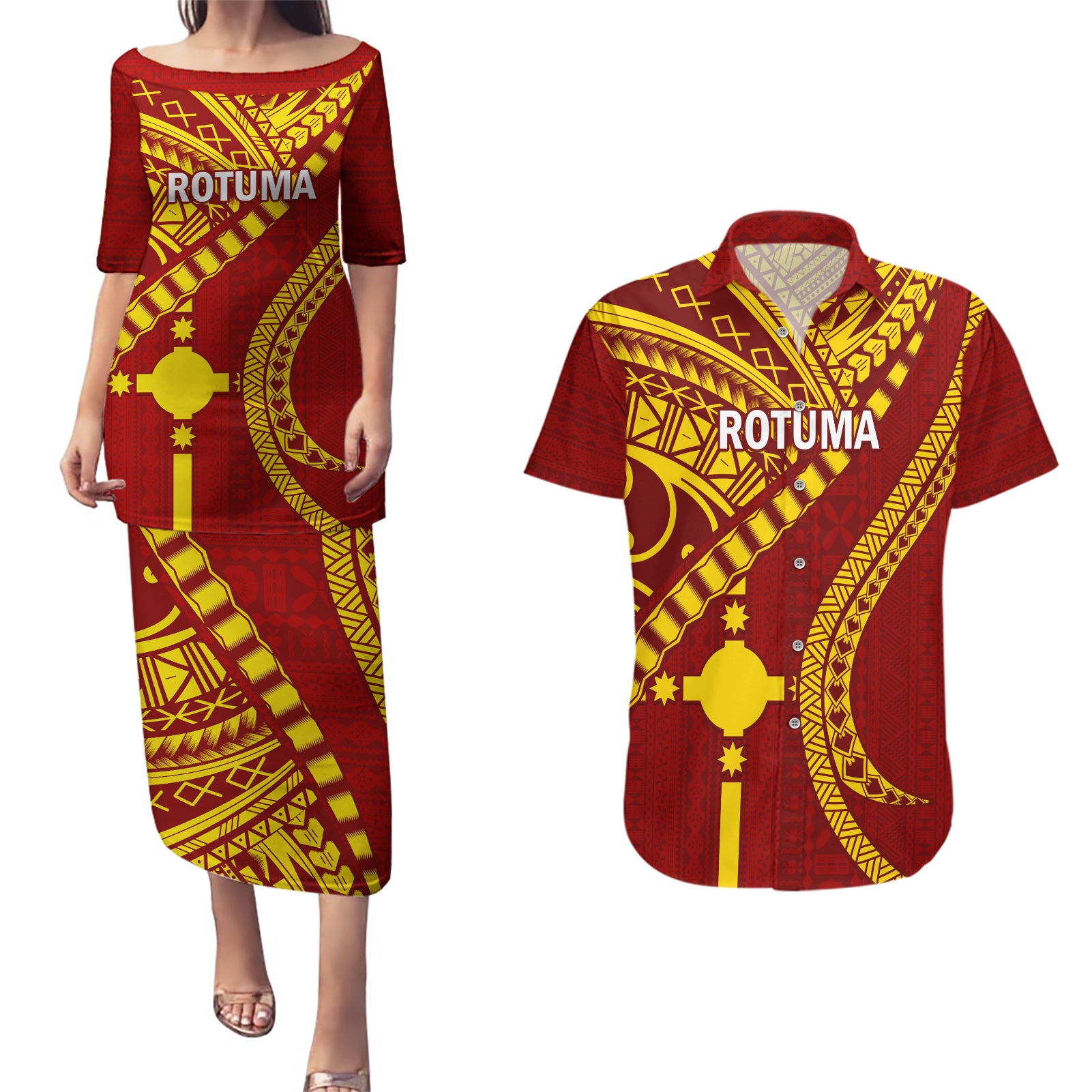 Personalised Fiji Rotuma Couples Matching Puletasi Dress and Hawaiian Shirt Fijian Tapa Pattern - Wonder Print Shop