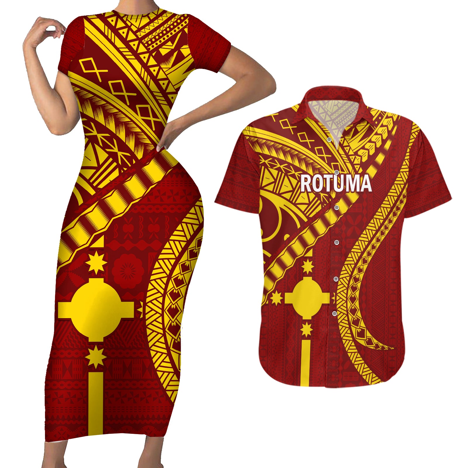 Personalised Fiji Rotuma Couples Matching Short Sleeve Bodycon Dress and Hawaiian Shirt Fijian Tapa Pattern - Wonder Print Shop