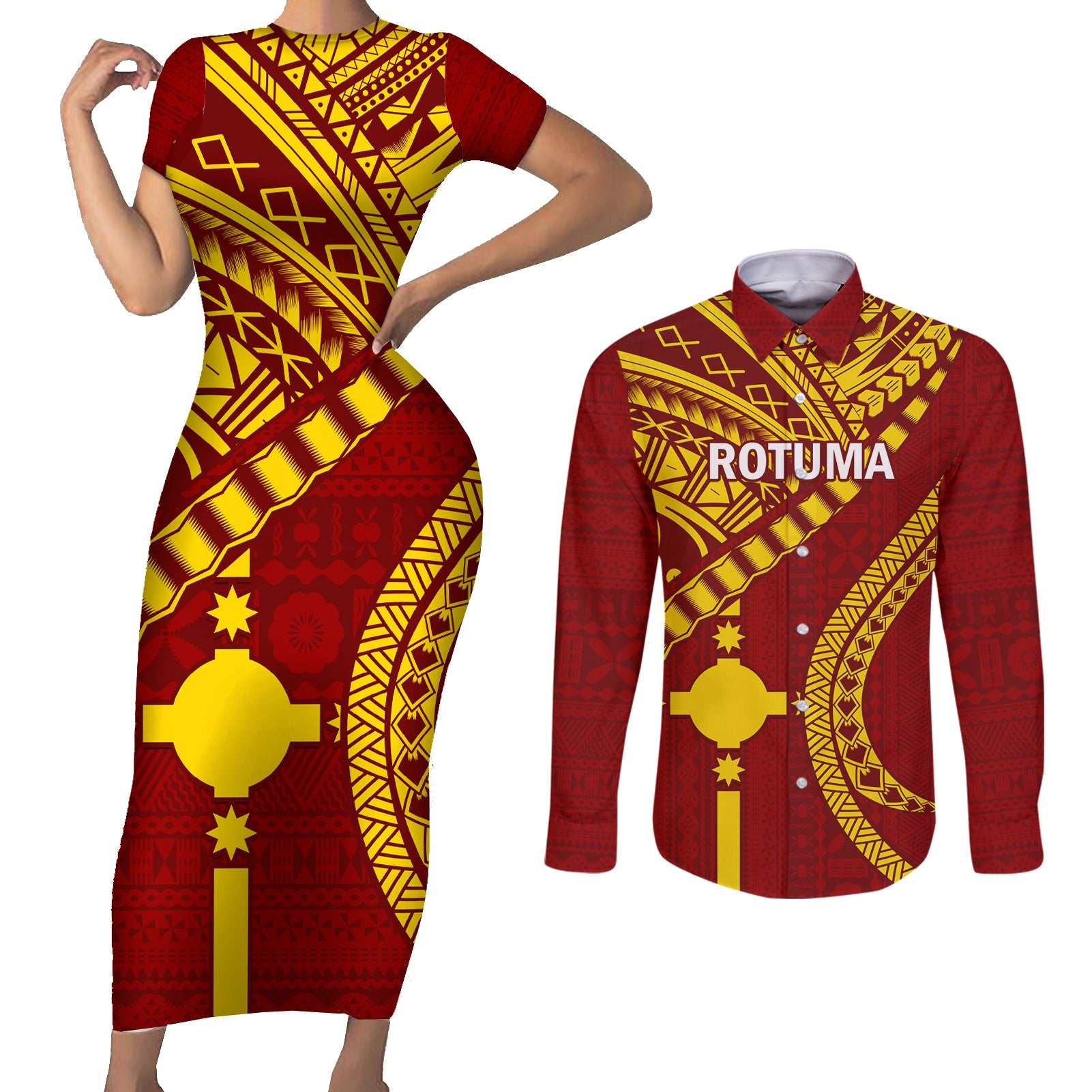 Personalised Fiji Rotuma Couples Matching Short Sleeve Bodycon Dress and Long Sleeve Button Shirt Fijian Tapa Pattern - Wonder Print Shop