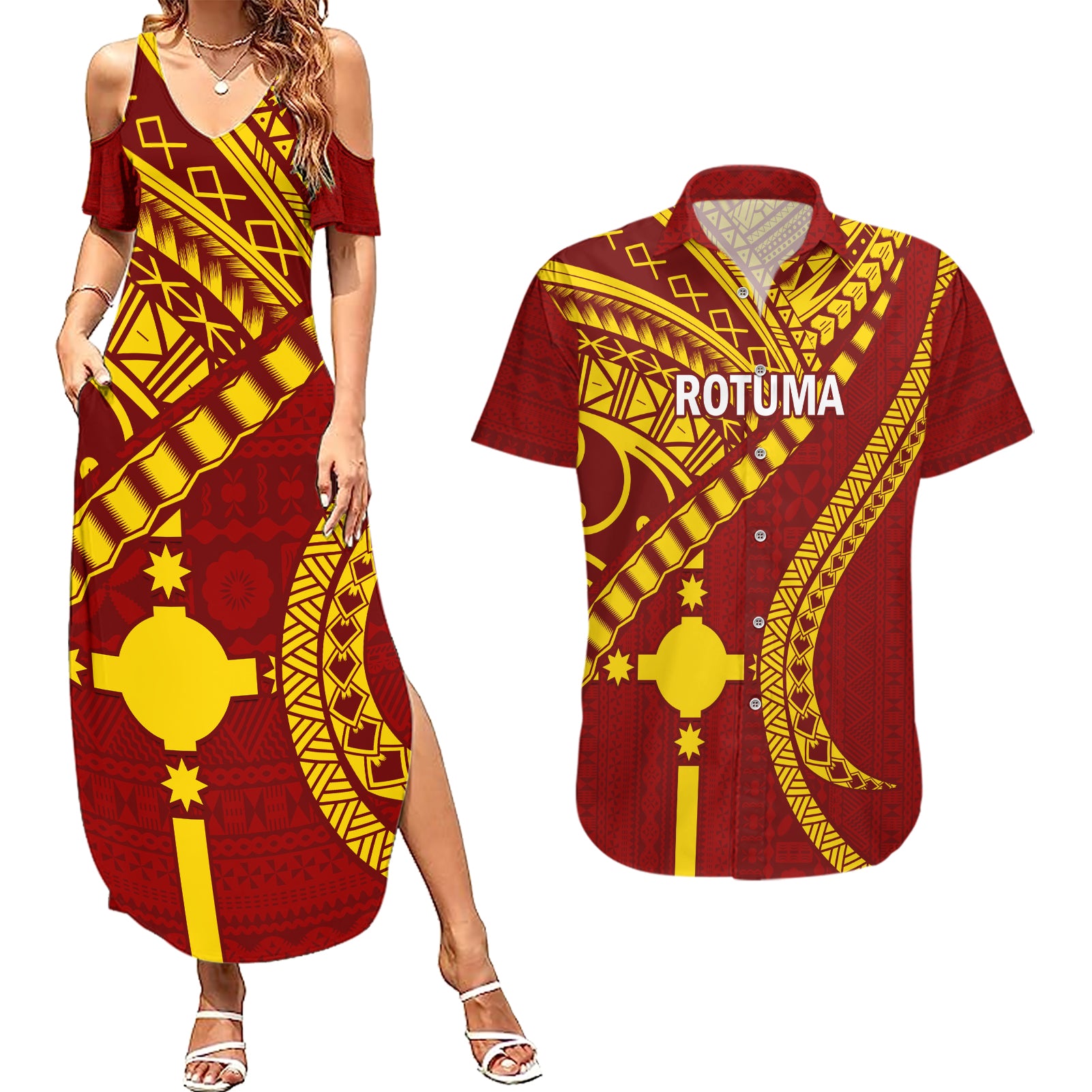 Personalised Fiji Rotuma Couples Matching Summer Maxi Dress and Hawaiian Shirt Fijian Tapa Pattern - Wonder Print Shop