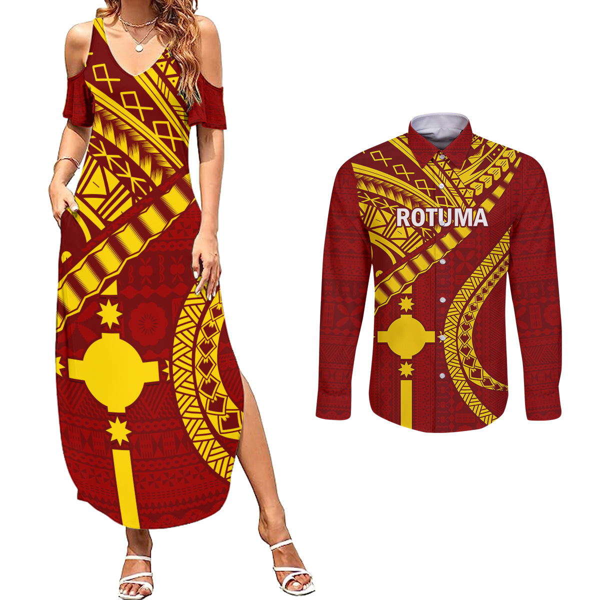 Personalised Fiji Rotuma Couples Matching Summer Maxi Dress and Long Sleeve Button Shirt Fijian Tapa Pattern - Wonder Print Shop