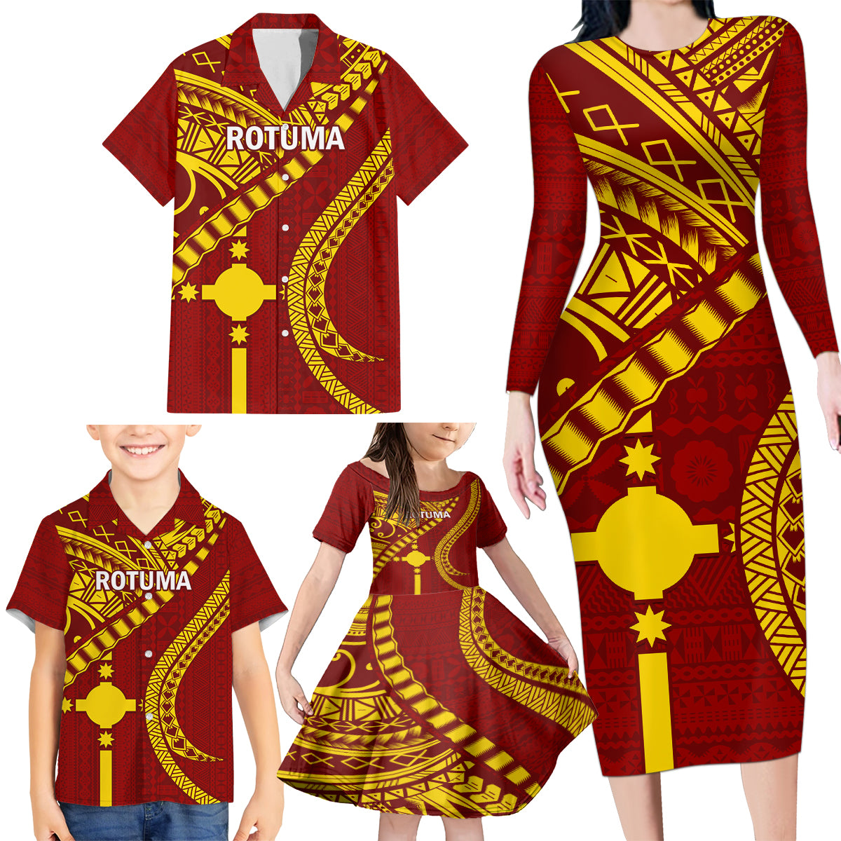 Personalised Fiji Rotuma Family Matching Long Sleeve Bodycon Dress and Hawaiian Shirt Fijian Tapa Pattern - Wonder Print Shop