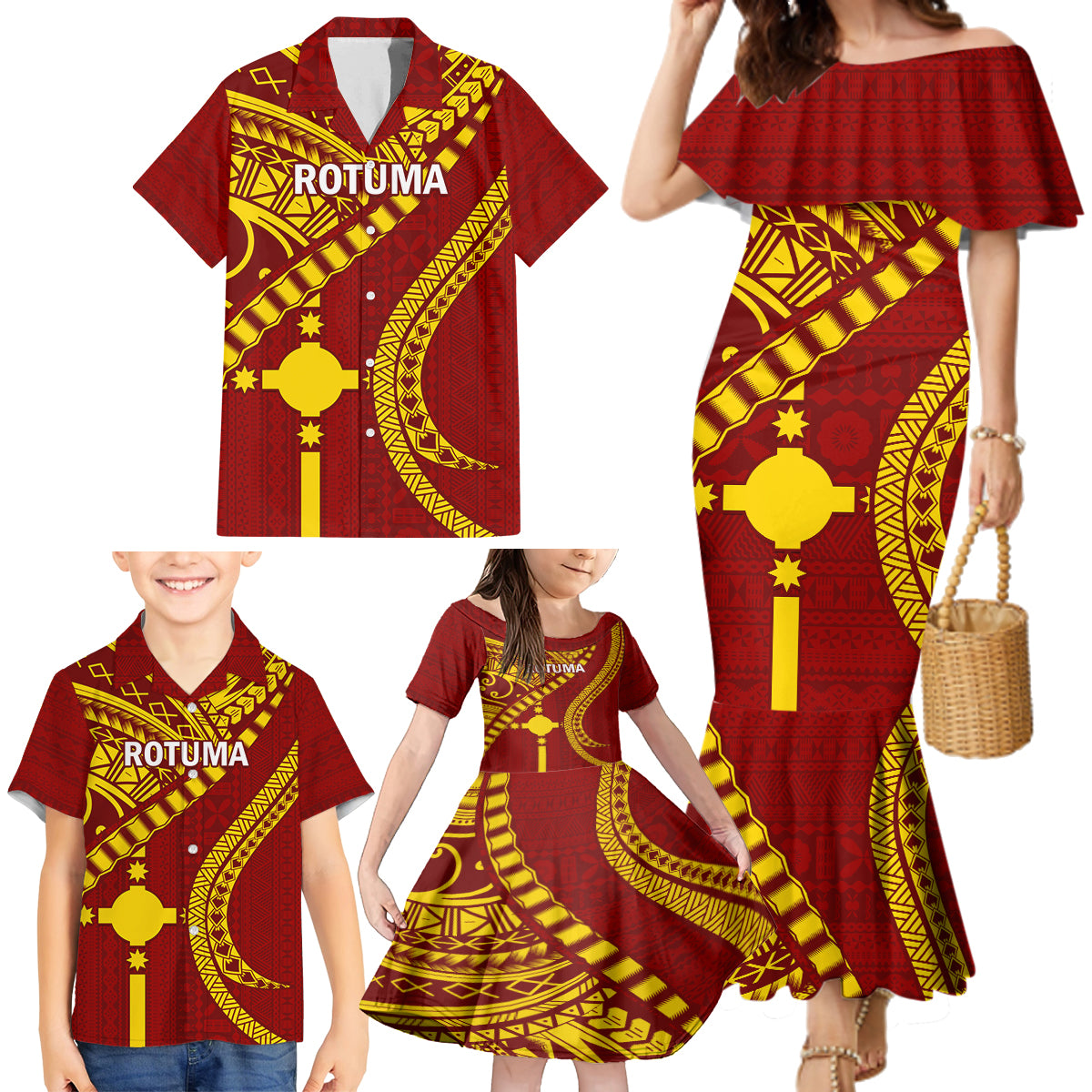 Personalised Fiji Rotuma Family Matching Mermaid Dress and Hawaiian Shirt Fijian Tapa Pattern - Wonder Print Shop