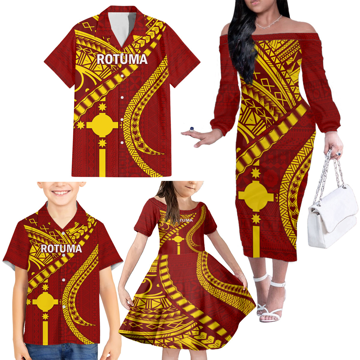 Personalised Fiji Rotuma Family Matching Off Shoulder Long Sleeve Dress and Hawaiian Shirt Fijian Tapa Pattern - Wonder Print Shop