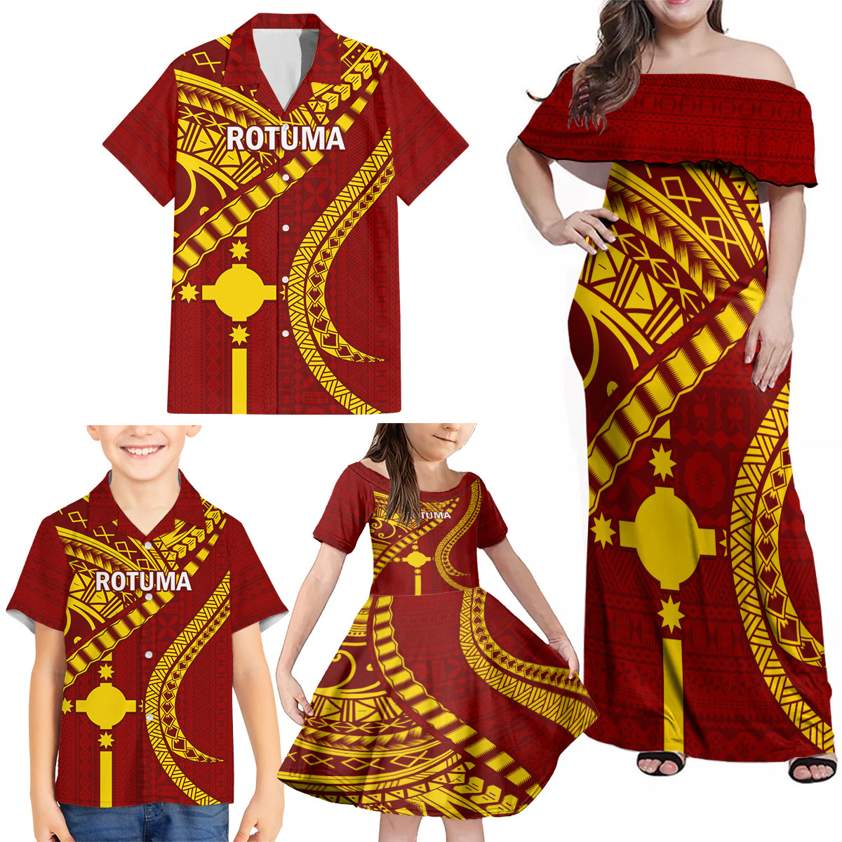 Personalised Fiji Rotuma Family Matching Off Shoulder Maxi Dress and Hawaiian Shirt Fijian Tapa Pattern - Wonder Print Shop