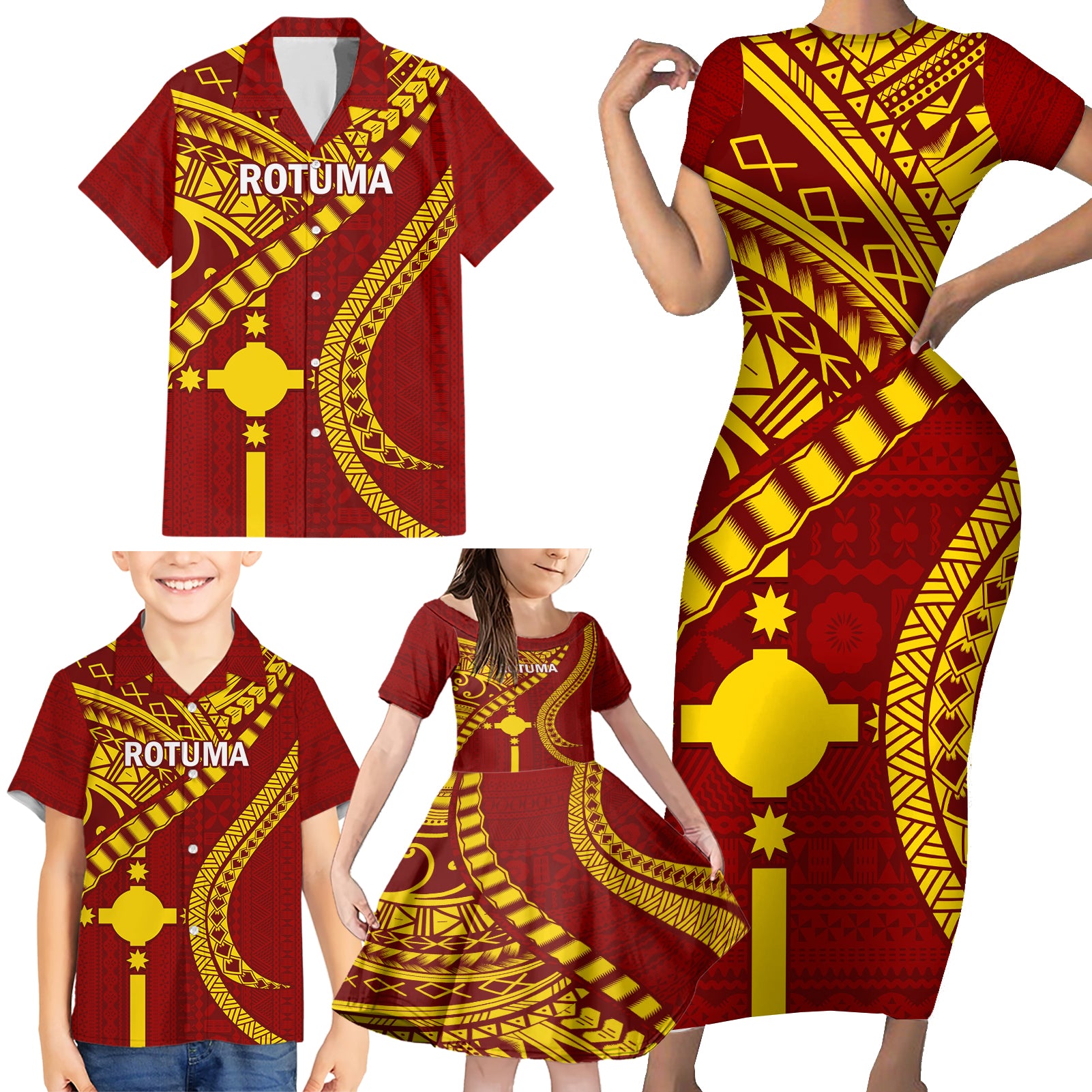 Personalised Fiji Rotuma Family Matching Short Sleeve Bodycon Dress and Hawaiian Shirt Fijian Tapa Pattern - Wonder Print Shop