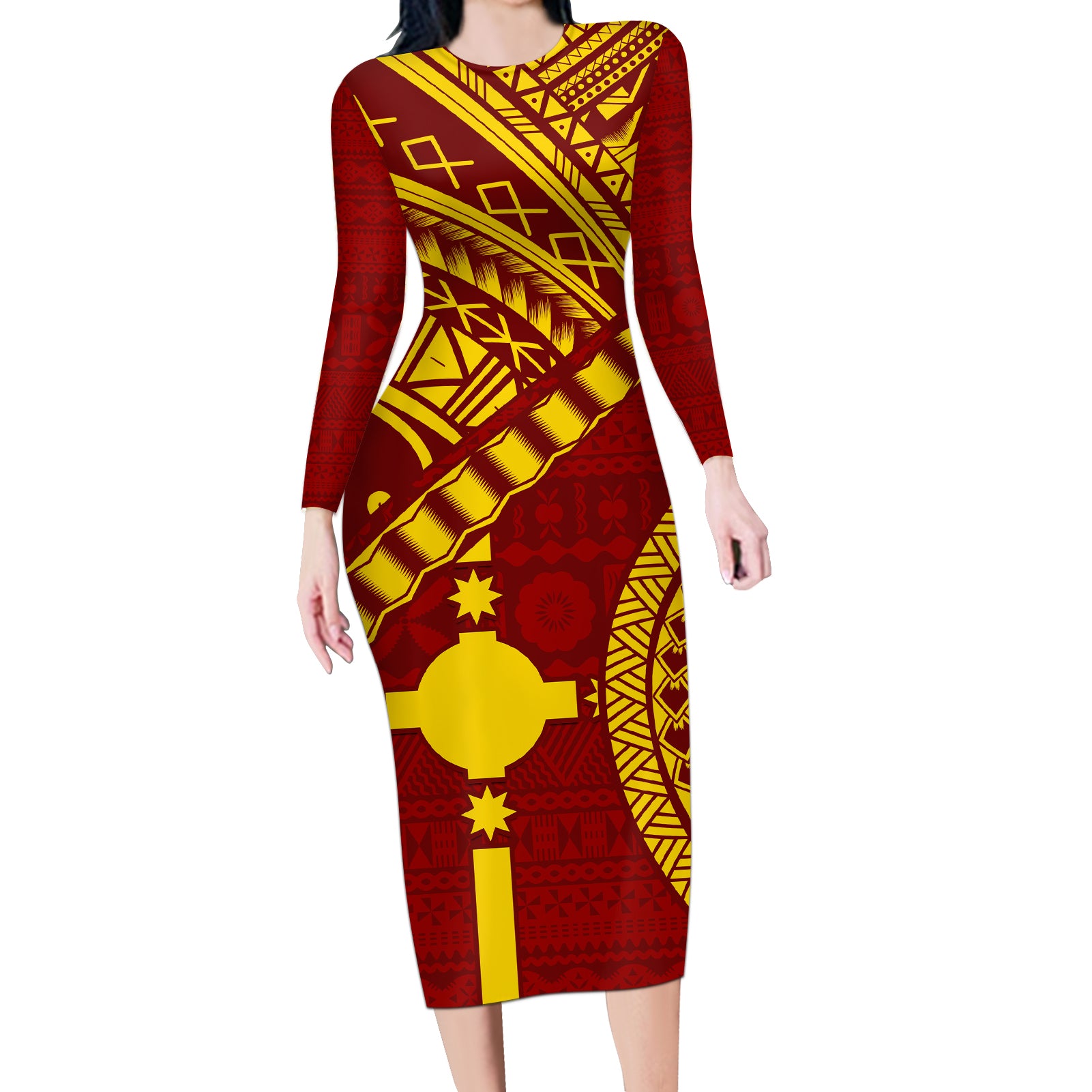 Personalised Fiji Rotuma Long Sleeve Bodycon Dress Fijian Tapa Pattern - Wonder Print Shop