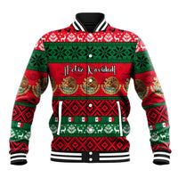 Red-and-green Mexico Christmas baseball jacket with Feliz Navidad graphic, striped collar