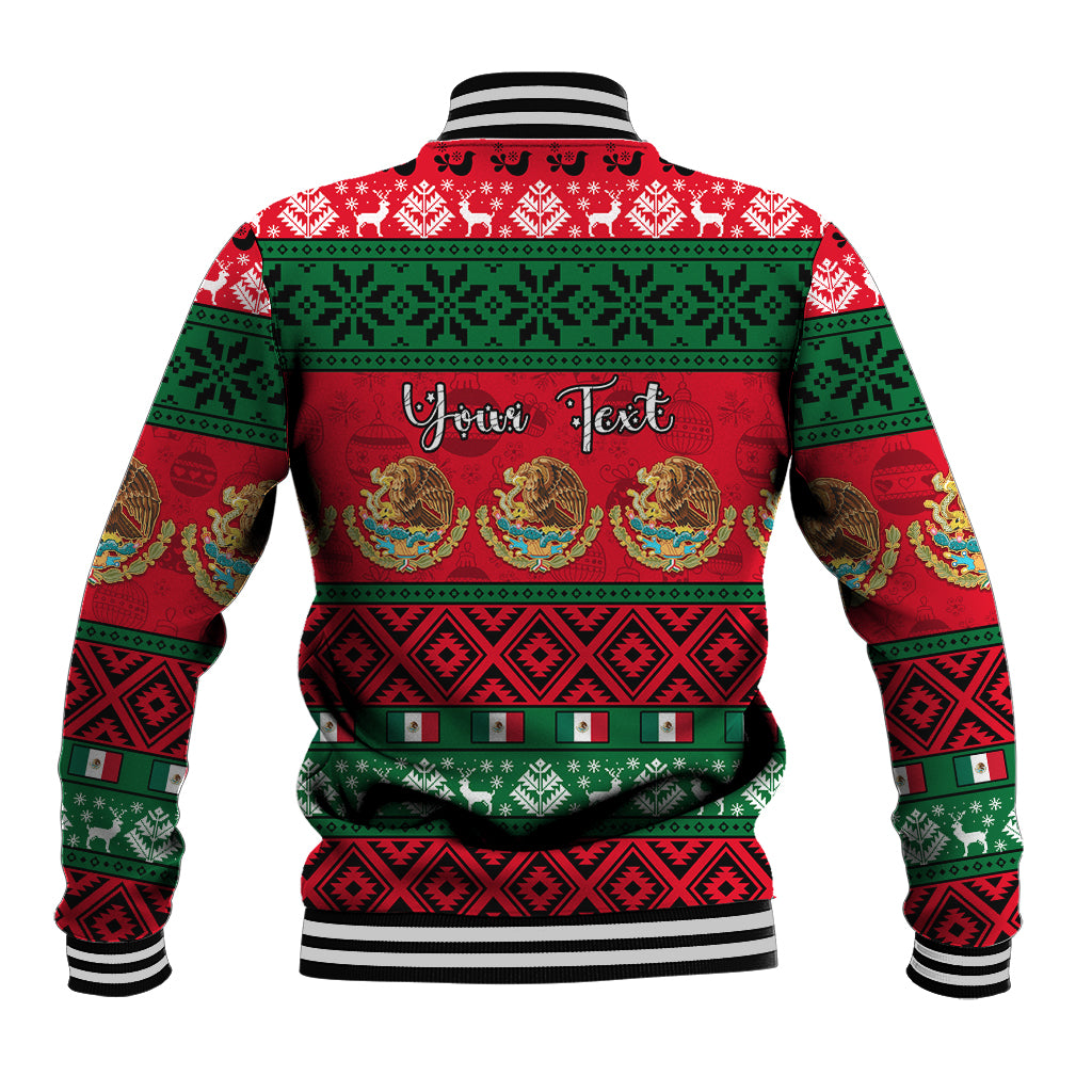 Red-and-green Mexico Christmas baseball jacket, "Your Text" on back, striped rib cuffs