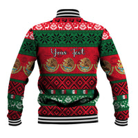 Red-and-green Mexico Christmas baseball jacket, "Your Text" on back, striped rib cuffs