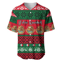 Red baseball jersey with green holiday pattern and Feliz Navidad graphic