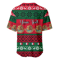 Red baseball jersey with green holiday pattern and "Your Text" front print
